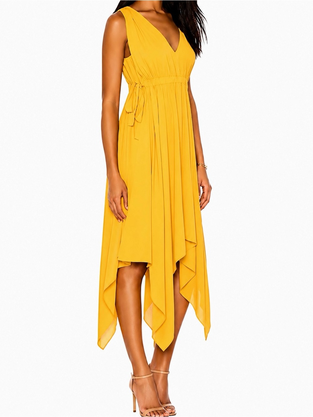 BCBGMAXAZRIA Mustard Yellow Sleeveless Handkerchief Hem Midi Dress Size L - Picture 3 of 13